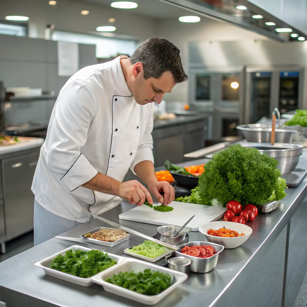 Chef preparing ingredients in a professional kitchen